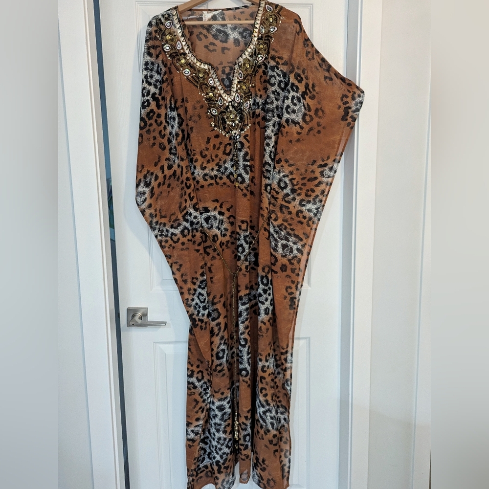 Animal Print Beach Cover Up/Kaftan With Beaded Neckline